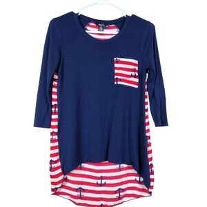 Rue21 Size XS Top Red White Blue Nautical Stretch High Low 3/4 Sleeve Pocket